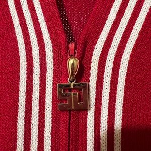 St John Knit jacket and skirt. Red with white trim. Size 16. Skirt 30” long